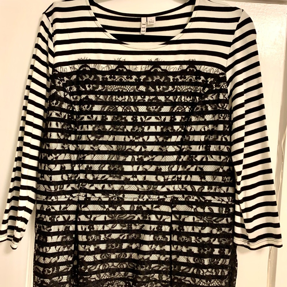 Black & White Striped Peplum Shirt with Black Lace